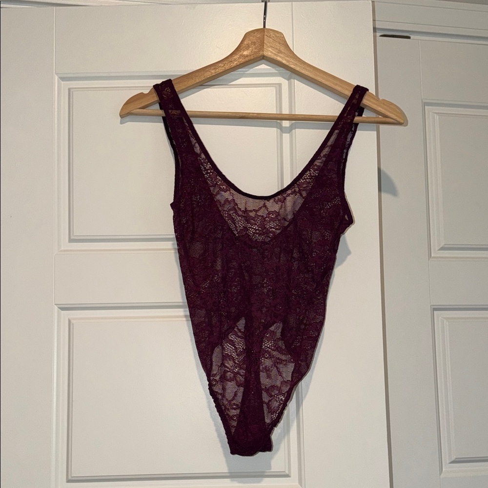 Victoria’s Secret plum colored sheer floral lace bodysuit size XS